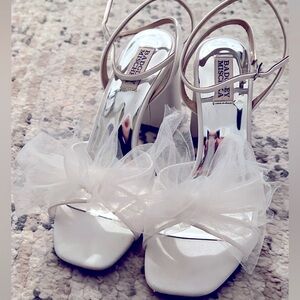 Badgley Mischka White and Silver Tulle Bow Heeled Sandals